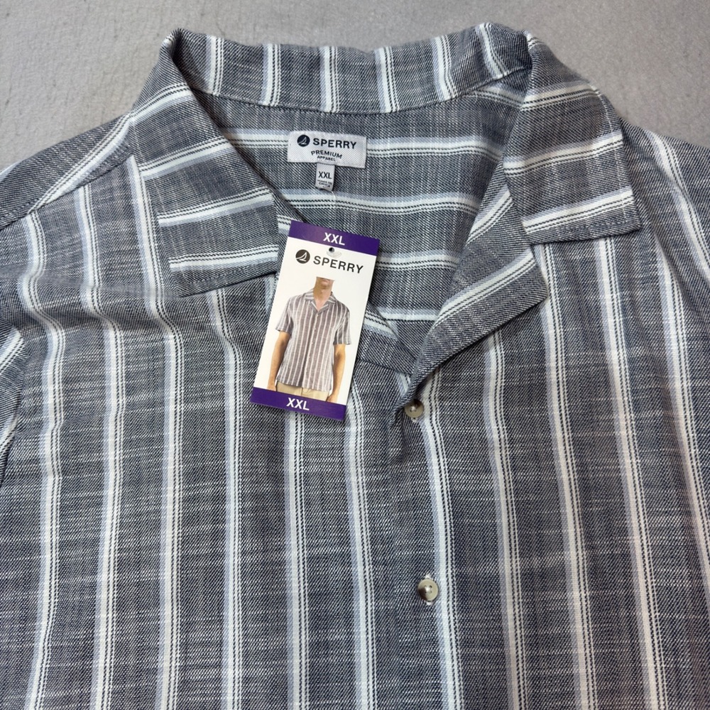 Sperry Button Down Shirt Mens XXL Navy Striped Camp Collar Short Sleeve SP712SAM